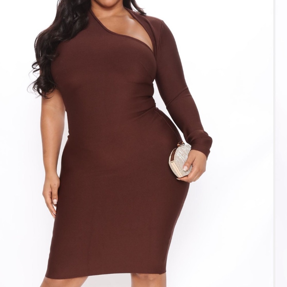 Fashion Nova Chocolate Brown One-Sleeve Midi Dress